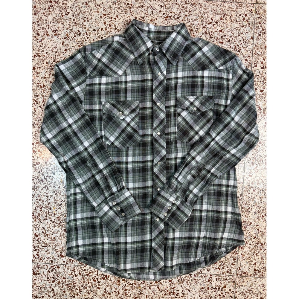 Wrangler Wrancher Mens Green Plaid Western Pearl Snap Flannel‎ Shirt Large L